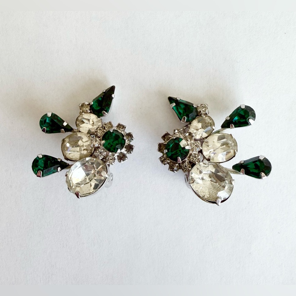 Vintage Crystal and “Emerald” Green Cluster Statement Clip-On Earrings